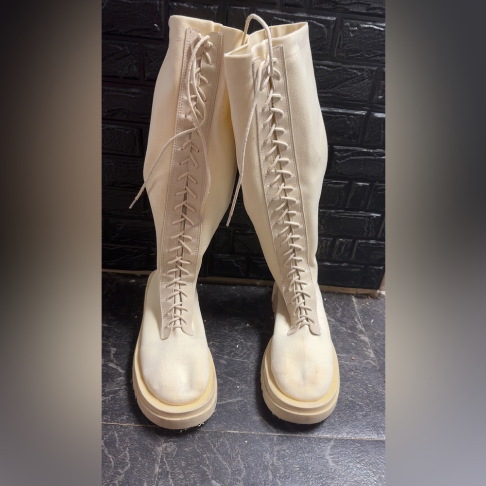 Cream Lace-Up Knee-High Boots
